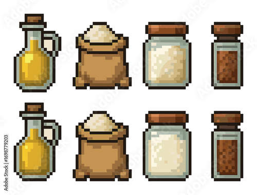 Pixel art cooking ingredients: oil, flour, sugar, and spices in containers