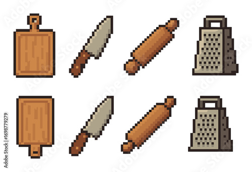 Pixel art kitchen utensils: cutting board, knife, rolling pin, grater on yellow background