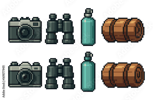 Pixel art camping gear: camera, binoculars, water bottle, sleeping bag