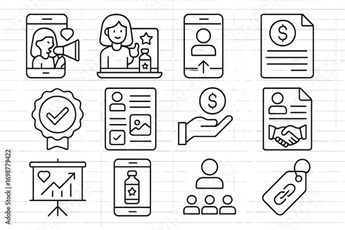 Influencer Collaboration Icons. Line style icons of influencer collaboration: influencer shoutout post, product review icon, story
