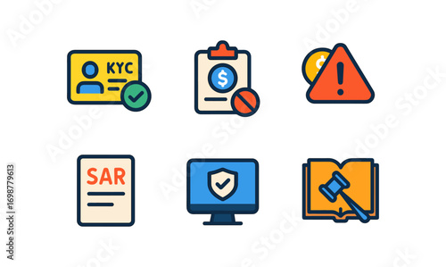 Financial compliance icons for kyc, aml, and risk management in modern flat design