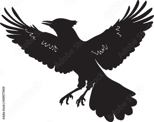 Black bird in flight silhouette flying white
