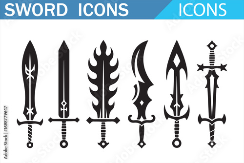 Black sword icon collection with various blade shapes for graphic and game use