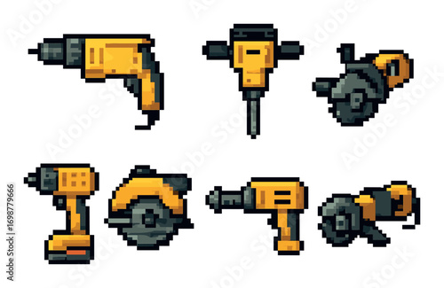 Set of six pixel art power tools on brown background
