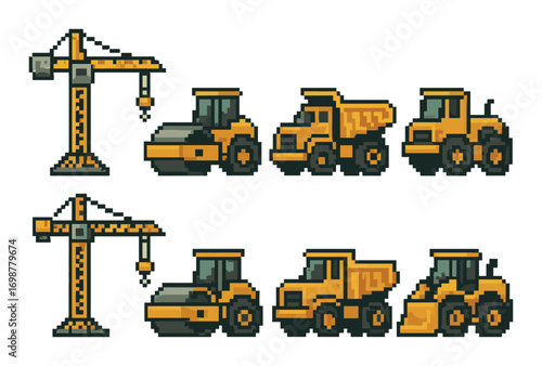 Pixel art construction vehicles on yellow background
