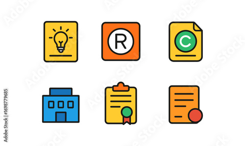 Colorful icons of intellectual property and certification in flat design