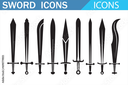 Historical sword icons set black and white vector illustration for game graphics