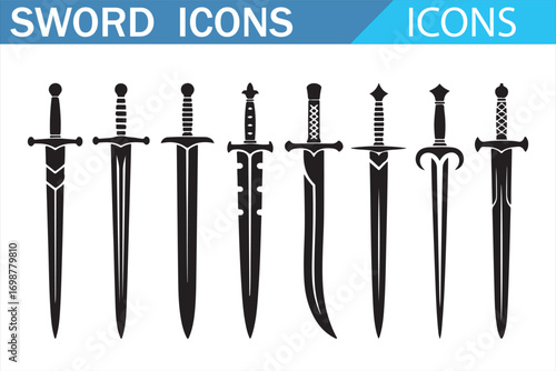 Combat sword silhouettes black vector collection for medieval and fantasy design