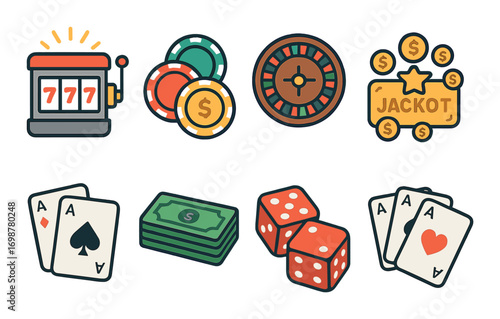 Casino game icons with slot machine, roulette, playing cards, dice, and cash symbols