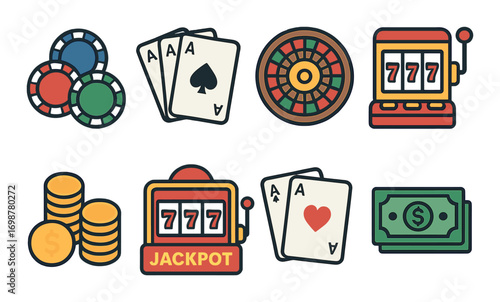 Casino game icons including poker cards, roulette, slot machines, chips, coins, and cash