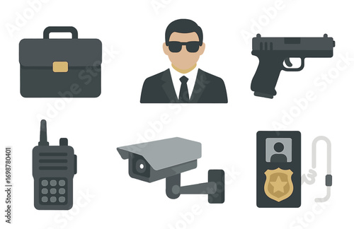 Security icon set: briefcase, male agent, gun, radio, camera, id badge