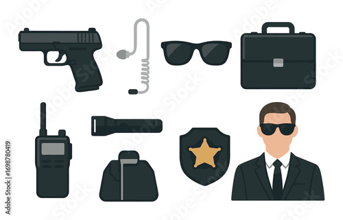 Secret agent essentials: gadgets and male silhouette in sunglasses