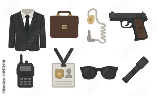 Detective essentials: suit, badge, briefcase, key, gun, radio, sunglasses, flashlight