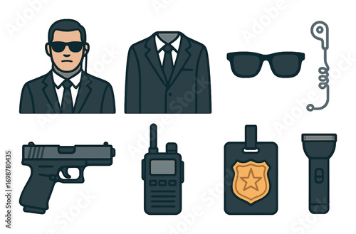 Secret agent essentials: male adult character with suit, badge, gun, and sunglasses