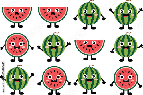 cartoon watermelon characters, playful fruit mascots, slice and whole designs, expressive faces, fun food illustrations, summer-themed graphics