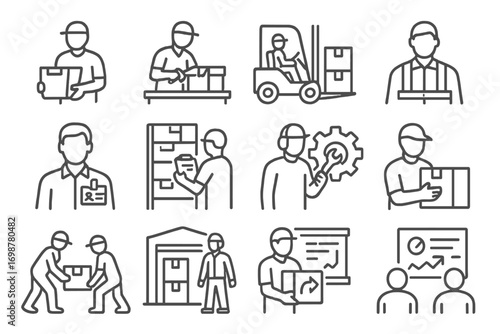 Warehouse Staff Icons. Line style icons of warehouse staff roles: picker with bin, packer at station, forklift driver, shift