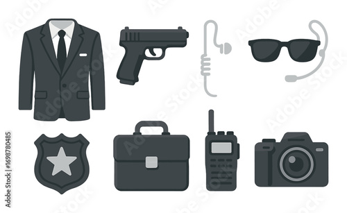 Detective tools: suit, gun, handcuffs, sunglasses, badge, briefcase, radio, camera