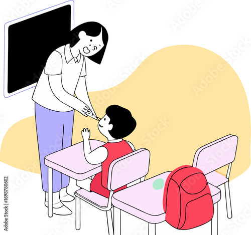 Teacher assists young student at desk classroom learning education scene lively atmosphere