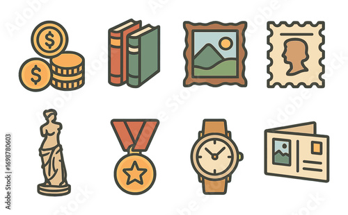 Vintage collectibles icons set featuring art, money, and medals on brown background