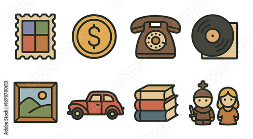 Vintage icon set featuring communication, currency, and historical artifacts