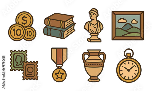 Vintage collectibles icons including coins, books, bust, painting, stamps, medal, vase, stopwatch