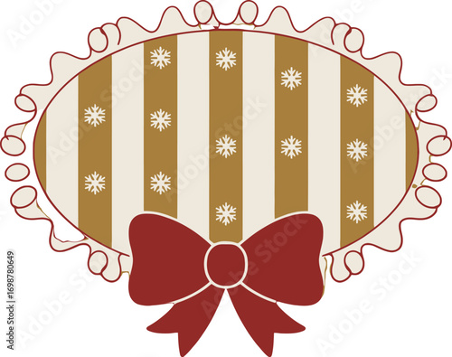 Christmas Ornament Design, Vintage Holiday Frame, Elegant Festive Background, Gold & Red Bow Pattern, Winter Snowflake Border