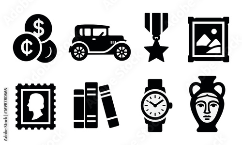 Silhouette icons of vintage car, medal, books, watch, antique objects on dark background