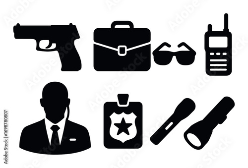 Black silhouette icons of gun, briefcase, sunglasses, radio, agent, badge, flashlight
