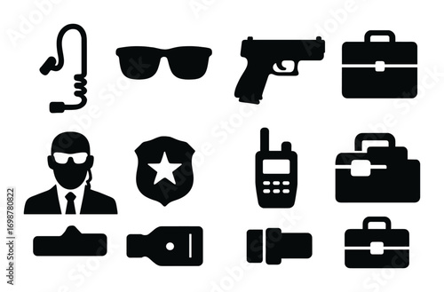 Silhouette icons of secret agent gear and gadgets on olive green background