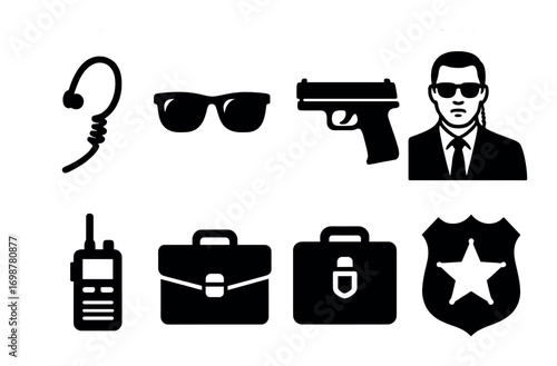 Security and protection symbols: sunglasses, earpiece, gun, badge, agent silhouette, briefcase, radio