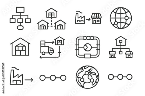 Supply Chain Icons. Line style icons of supply chain logistics: supply chain flowchart, connected warehouse nodes, factory to