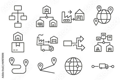 Supply Chain Icons. Line style icons of supply chain logistics: supply chain flowchart, connected warehouse nodes, factory to