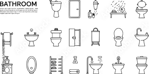 Bathroom toilet Icons Set. Vector minimalist geometric line design for hygiene, sanitary ware, WC, Home interior Design
