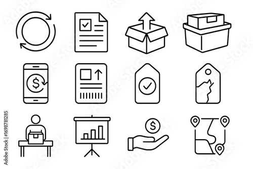 Returns Process Icons. Line style icons of returns logistics: reverse flow diagram, return authorization form, product re-entry
