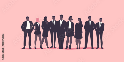 Diverse professional business team standing together in formal office attire flat minimalist vector illustration group of confident colleagues cooperation concept