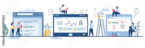 Software developers working on programming code debugging and project management on large computer screens in office workspace flat vector illustration