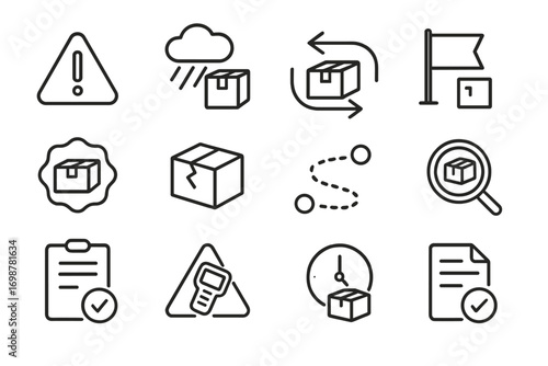 Shipment Exception Icons. Line style icons of shipment exceptions and disruptions: delay alert triangle, weather impact icon,