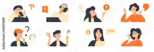 Customer support team and clients communicating through phone and chat in flat minimalist style with speech bubbles and question marks illustration set for helpdesk and faq concept