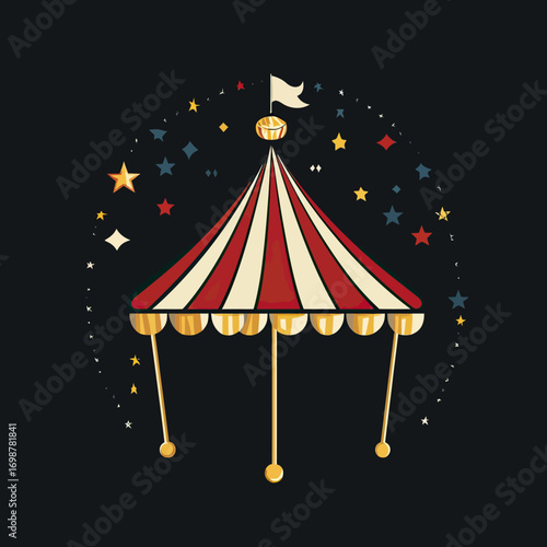 Vintage circus tent with red and cream stripes and hanging decorative stars in flat minimalist vector illustration for graphic design and t-shirt print