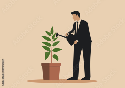 Businessman watering potted plant growth symbolizing personal development career success motivation and skill improvement in flat vector style