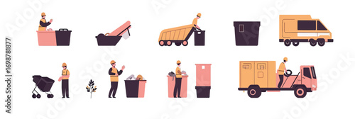 Waste collector worker emptying trash bins into garbage truck and using handcart recycling bins in flat minimalist vector style illustration set
