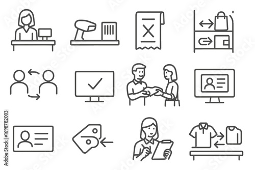 Retail Exchange Icons. Line style icons of in-store exchanges: retail counter icon, barcode scanner at desk, receipt with exchange