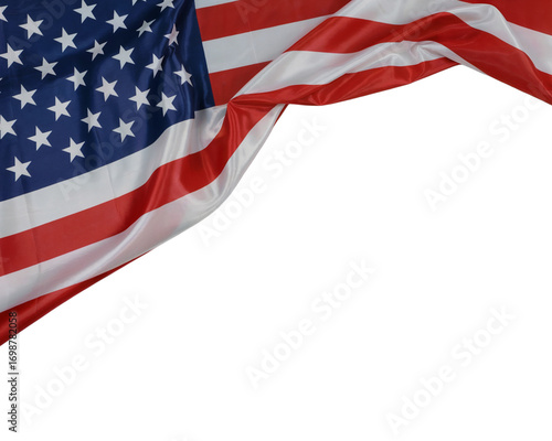 Close up of the american flag waving with stars and stripes against a black background isolated on transparent background