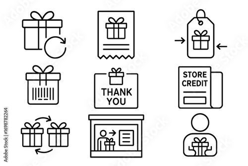 Gift Exchange Icons. Line style icons of gift exchanges: gift box with return arrow, gift receipt icon, exchange for voucher tag,