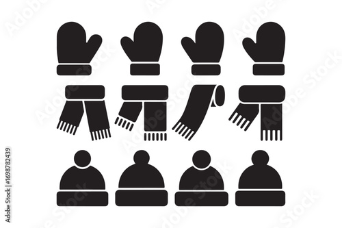 Winter clothing icons featuring mittens scarves and hats
