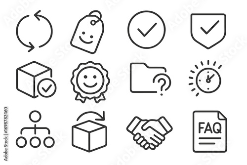 Exchange Icons Collection. Line style icons of exchange-friendly brands: exchange logo icon, brand with smile tag, easy exchange