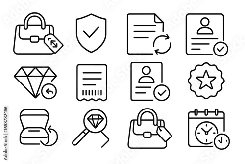 Luxury Goods Exchange Icons. Line style icons of luxury goods exchanges: designer bag with exchange tag, authenticity check badge,