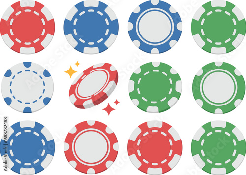 Colorful poker chips, casino game tokens, gambling vector illustration, betting clipart, gaming design elements, red blue green chips