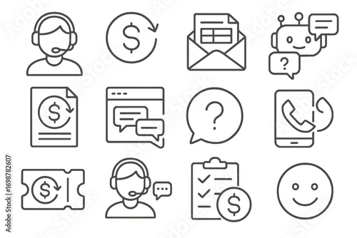 Customer Support Icons. Line style icons of customer support for refunds: support agent with headset, refund inquiry icon, email