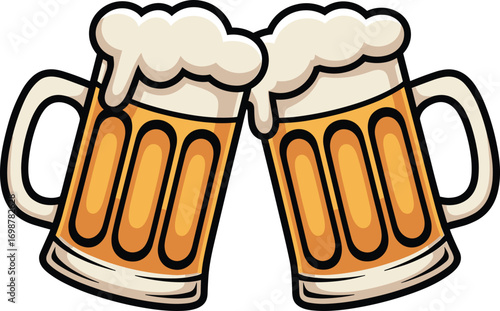 Two beer mugs clinking, cheers celebration illustration, pub drink vector, alcohol clipart, party beverage design, Oktoberfest festival graphic